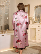Plus Size Women's Long Sleeve Long Nightgown with Lapel Collar, Soft and Comfortable French-Style Rose Print Lace Patchwork, Light Luxury Homewear Suitable for All Seasons, Can Be Worn as Outerwear Pajamas or Loungewear - Multicolor