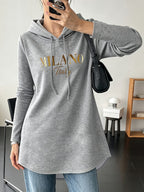 Women's Mid-Length Hooded Sweatshirt, Loose Fit, Hip-Covering, Letter Print, Drawstring Pullover Top - Light Grey