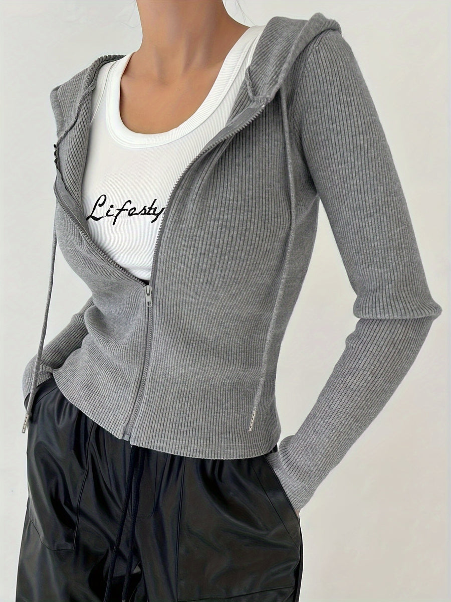 Women's Slim-Fit Solid Color Hooded Long Sleeve Casual Jacket - Slate Grey