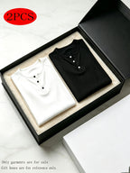 2pcs Men's Vertical Ribbed Henley Neck Long Sleeve T-Shirt, 3-Button Half-Placket High-Stretch Slim Fit Textured Top for Commuting, Office, Daily Casual Wear, Suit Layering, and Base Layer - Black+Light White