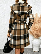 Fall/Winter Women's Hooded Vintage Check Coat, Collarless Wrap Style with Adjustable Waist Tie, Long Sleeve Coat with Warm Insulation, Fashionable and Stylish for Daily Commuting, Weekend Parties, Street Wandering and Short Trips - Brown