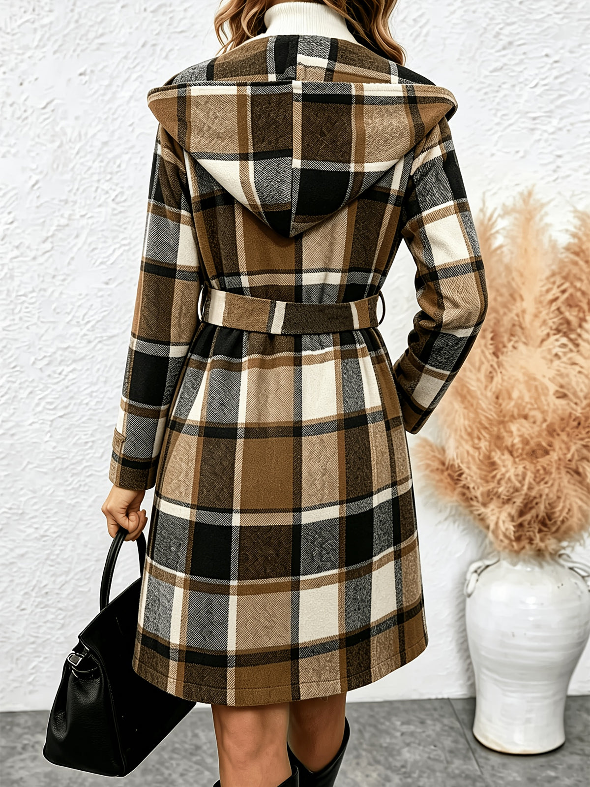 Fall/Winter Women's Hooded Vintage Check Coat, Collarless Wrap Style with Adjustable Waist Tie, Long Sleeve Coat with Warm Insulation, Fashionable and Stylish for Daily Commuting, Weekend Parties, Street Wandering and Short Trips - Brown