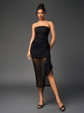 Black Midi Dress with a Strapless, Backless Design Featuring Mesh, Off-Shoulder Ruffles, And Ruched Details, Perfect for Parties And Clubs - Black
