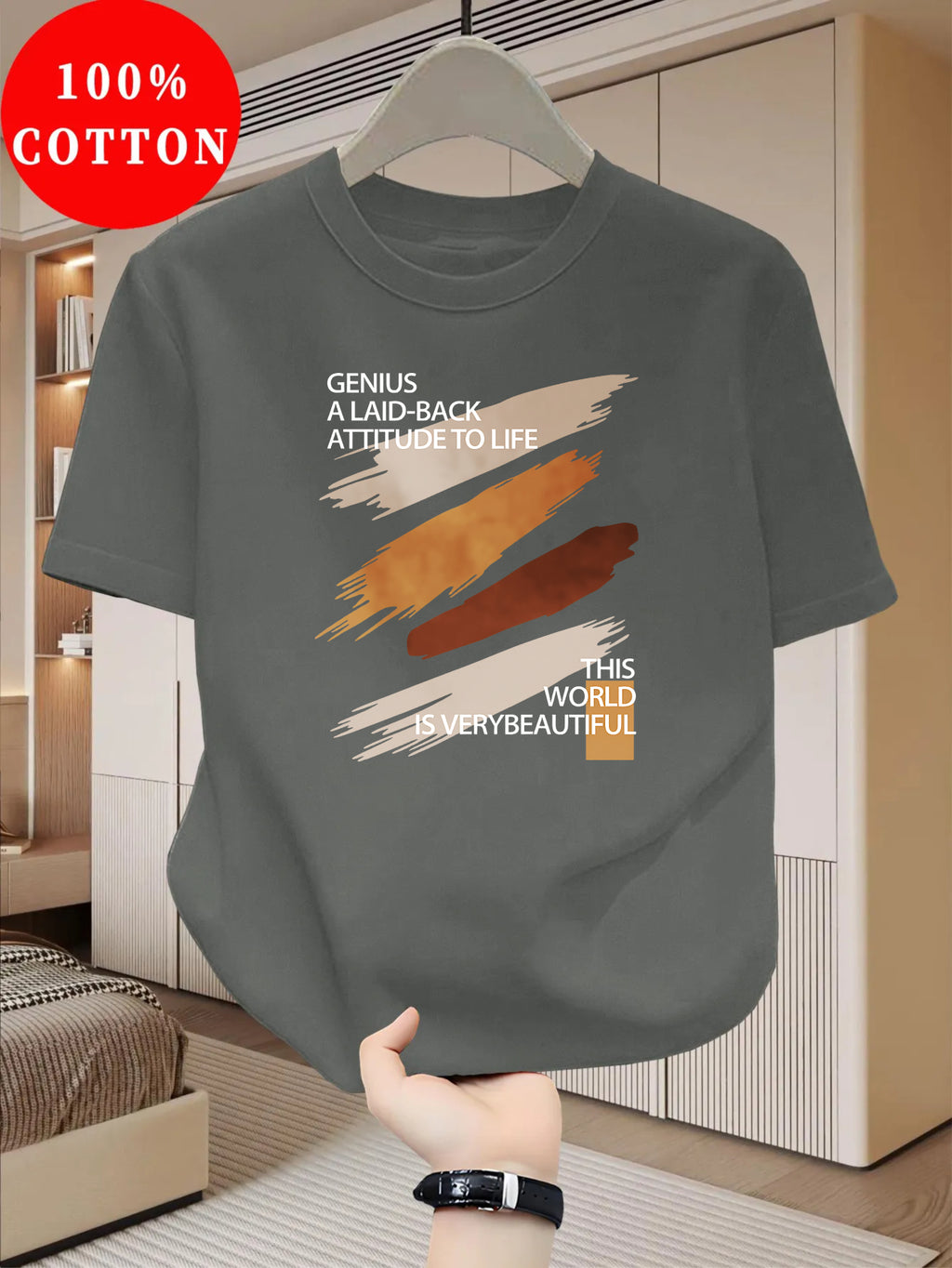 100% Cotton Men's T-Shirt, Summer Short Sleeve Thin Top, Trendy Fashionable Slim Fit, Simple and Casual, Versatile for Daily Wear, Artistic Brushstroke English Print with  Slogan Pattern - Dark Gray