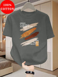 100% Cotton Men's T-Shirt, Summer Short Sleeve Thin Top, Trendy Fashionable Slim Fit, Simple and Casual, Versatile for Daily Wear, Artistic Brushstroke English Print with  Slogan Pattern - Dark Gray