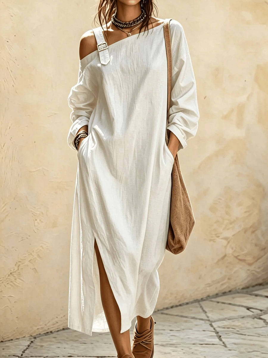 Women's Asymmetric Off-Shoulder Long Dress, Casual Long Sleeve Loose Split Midi Dress with Pockets, Suitable for Daily Commuting, Vacation, and Office Wear - White
