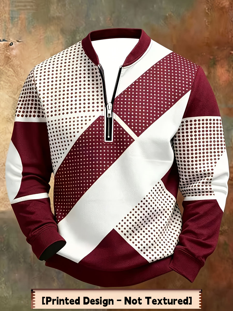 Men'S Autumn Winter Polo Zipper Sweatshirt, Classic Trendy New Half-Zip POLO Sweatshirt, American Retro Geometric Color-Block Print, Polo Stand Collar, Machine Washable, Daily Casual Party Outdoor Essential, Fashionable Long Sleeve Athletic Top - Mixed Color 3