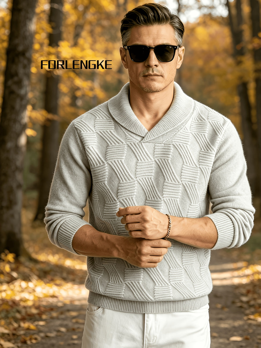 FORLENGKE Men's Business Casual Stylish Geometric Textured Knit Sweater, Soft Warm Long Sleeve Pullover for Fall Winter Office Daily Wear - Ivory White