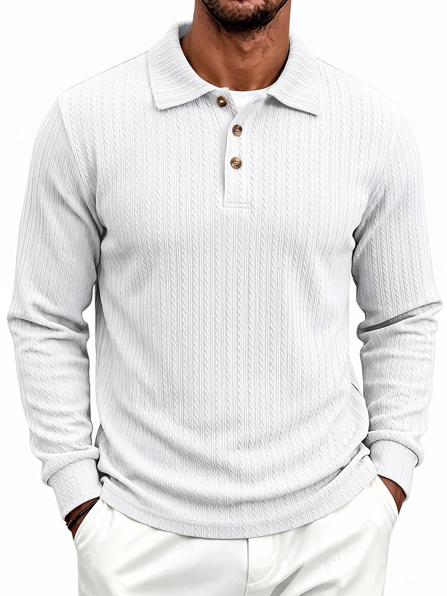 New Autumn Winter Men'S Fashion Casual Outdoor Jacquard Lapel Button-Up Long Sleeve Henley Shirt, Boyfriend Birthday Gift - White