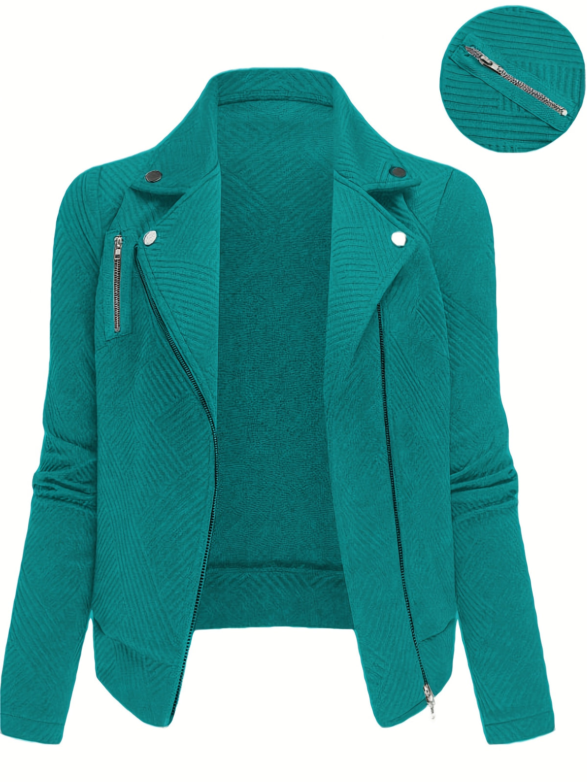 Women's New Solid Color Maze Grid Zipper Button Decorated Biker Jacket, a Stylish and Elegant Commuting, Outing, and Daily Wear Casual Jacket Top, Suitable for Autumn and Winter Seasons - Peacock Blue