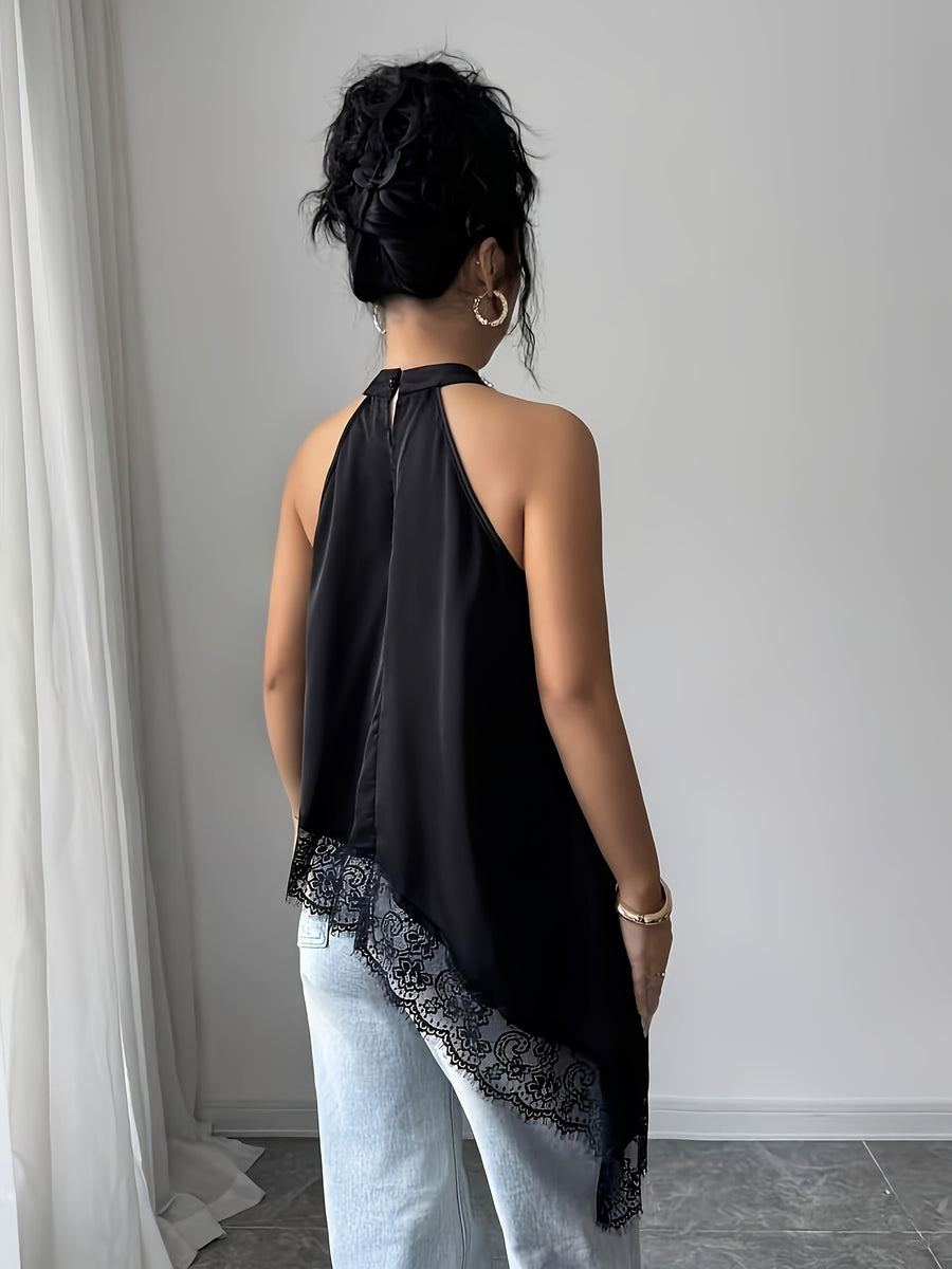 Women'S Fashionable And Sexy Halter Neck Lace Irregular Hem Versatile Top for Casual Outings, Commuting, And Vacations - Black