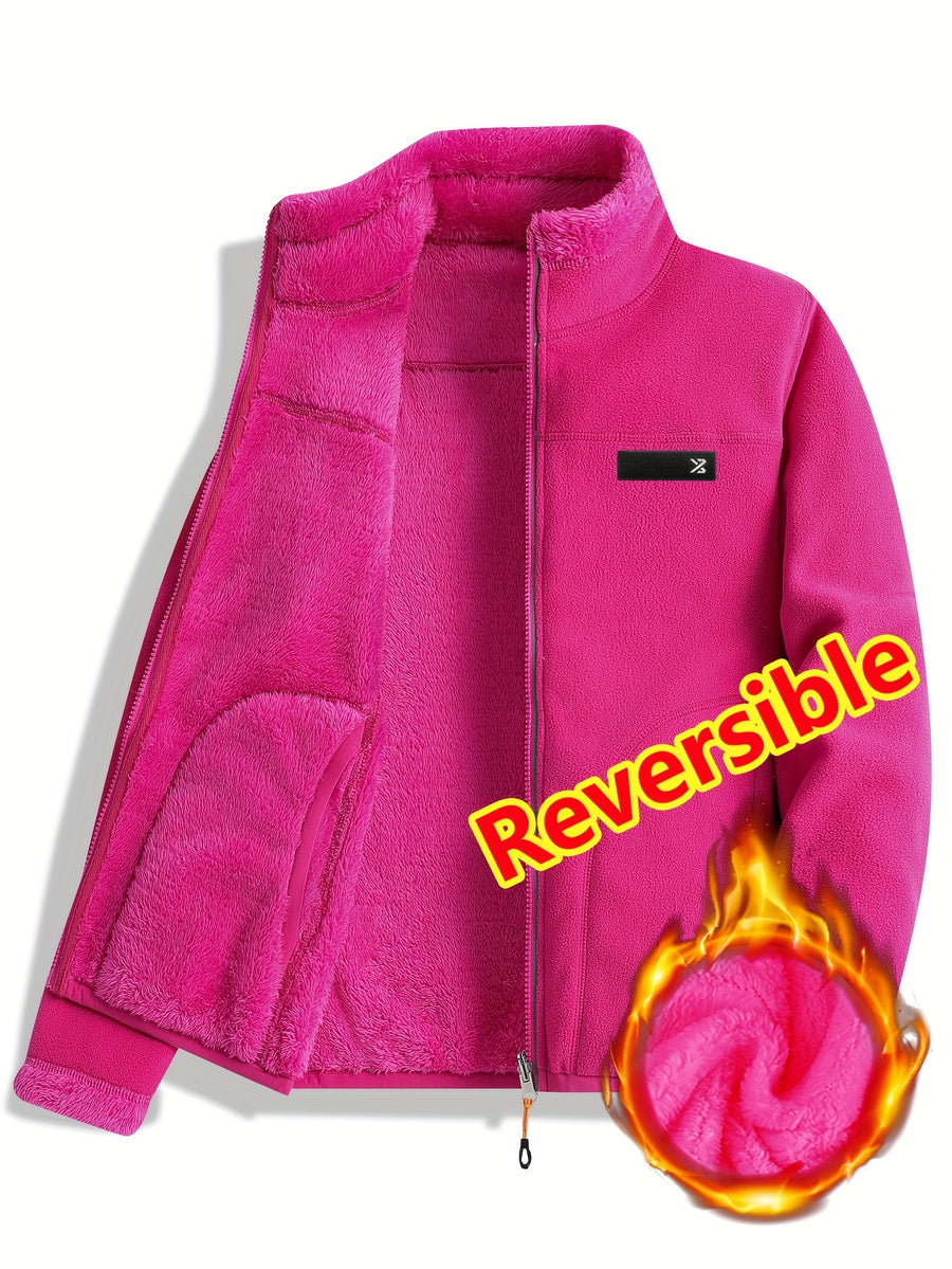 Women's Spring Casual Jacket, Thickened Shaggy Warm Printed Reversible Coral Sweatshirt, Double-Sided Outerwear - Rose Red