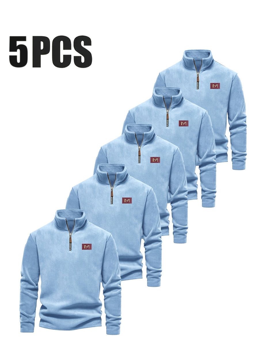 Men's Autumn/Winter Fashionable Simple Style Stand Collar Long Sleeve Sweatshirt 5pcs - Sky blue + sky blue + sky blue + sky blue + sky blue