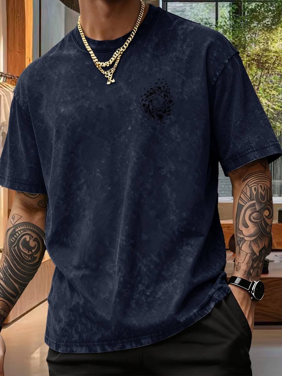 Men's Pure Short-Sleeve Top with Trendy Double-Sided Print of Flocks of Birds and Spiral Ink Splatter Design, 12 Colors for Mix-and-Match, Washed Distressed Loose Fit, National Trend Y2K Style for Commuting, Daily Outings, Sports - Navy Color