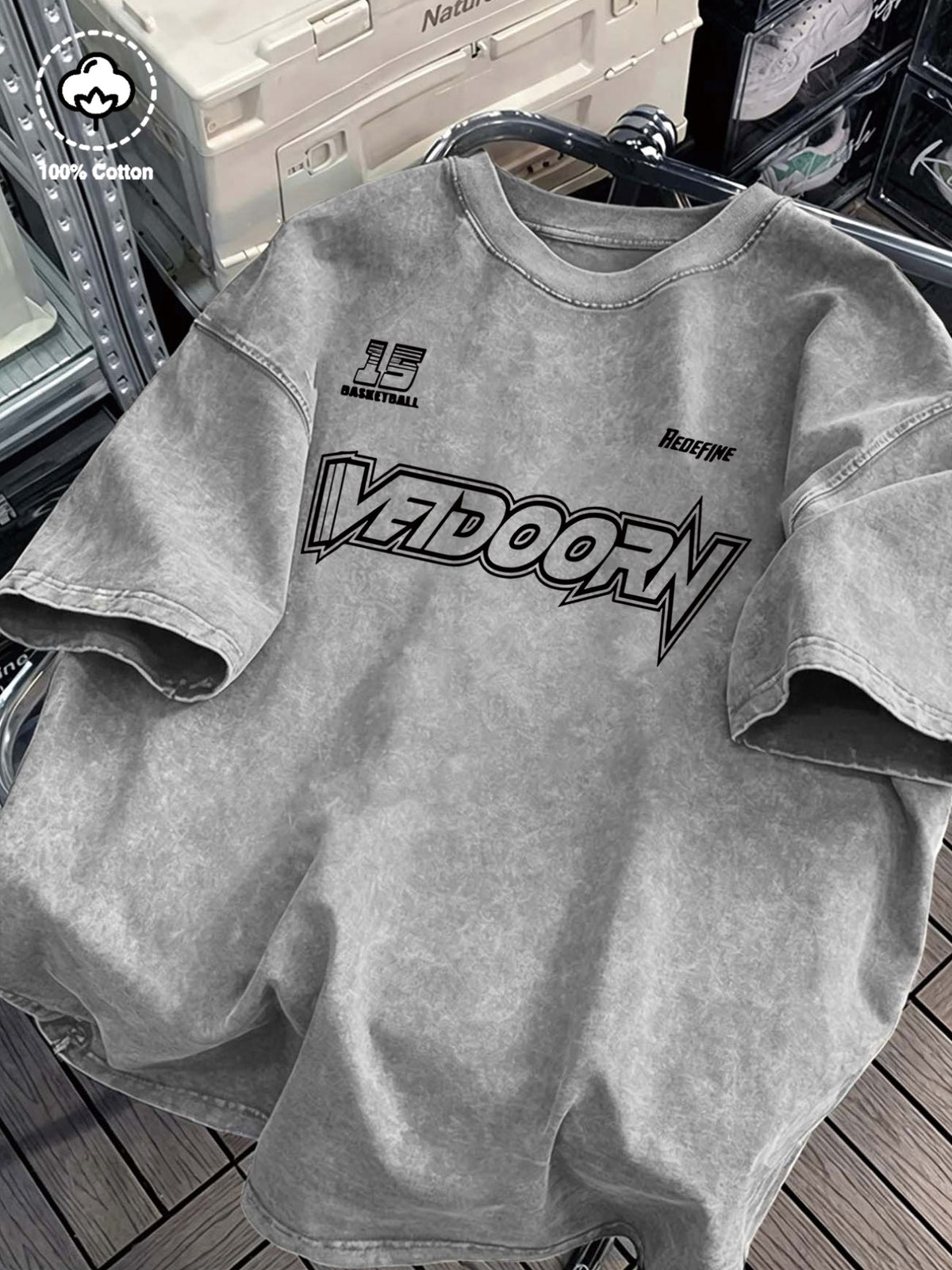 Men's 100% Pure Cotton Short-Sleeve T-Shirt, Summer Casual Versatile Crew Neck Top with Geometric Line Abstract Art Print, Breathable and Sweat-Wicking Fabric, Vintage Washed Distressed Style, Suitable for Daily Commuting, Parties, and Running - Grey