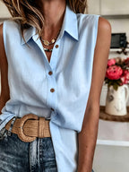 European and American Style Versatile Summer New Arrival Pure Breathable Sleeveless Lapel Single-Breasted Casual Loose Vest Sleeveless Shirt for Women - Blue