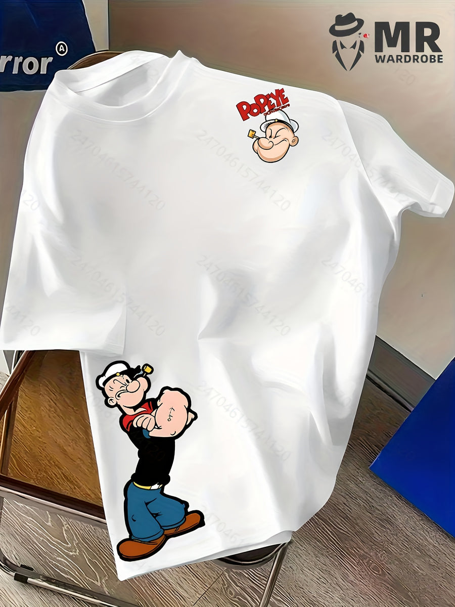 Men's Popeye the Sailorman Retro Graphic Short Sleeve T-Shirt - Vintage Cartoon Print, Breathable Knit Fabric, Regular Fit Round Neck Casual Summer Tee for Casual Attire, Machine Washable Top, Soft Texture Shirt - Snow White