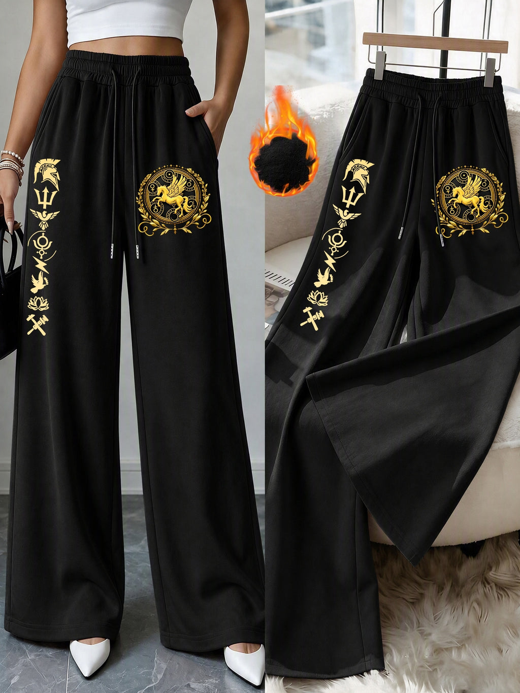 Women'S Casual Warm Straight-Leg Trousers, Adorned with a Golden Mythical Pegasus Emblem Print, High-Waist Drawstring Casual Autumn And Winter Pants - Black