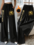 Women'S Casual Warm Straight-Leg Trousers, Adorned with a Golden Mythical Pegasus Emblem Print, High-Waist Drawstring Casual Autumn And Winter Pants - Black