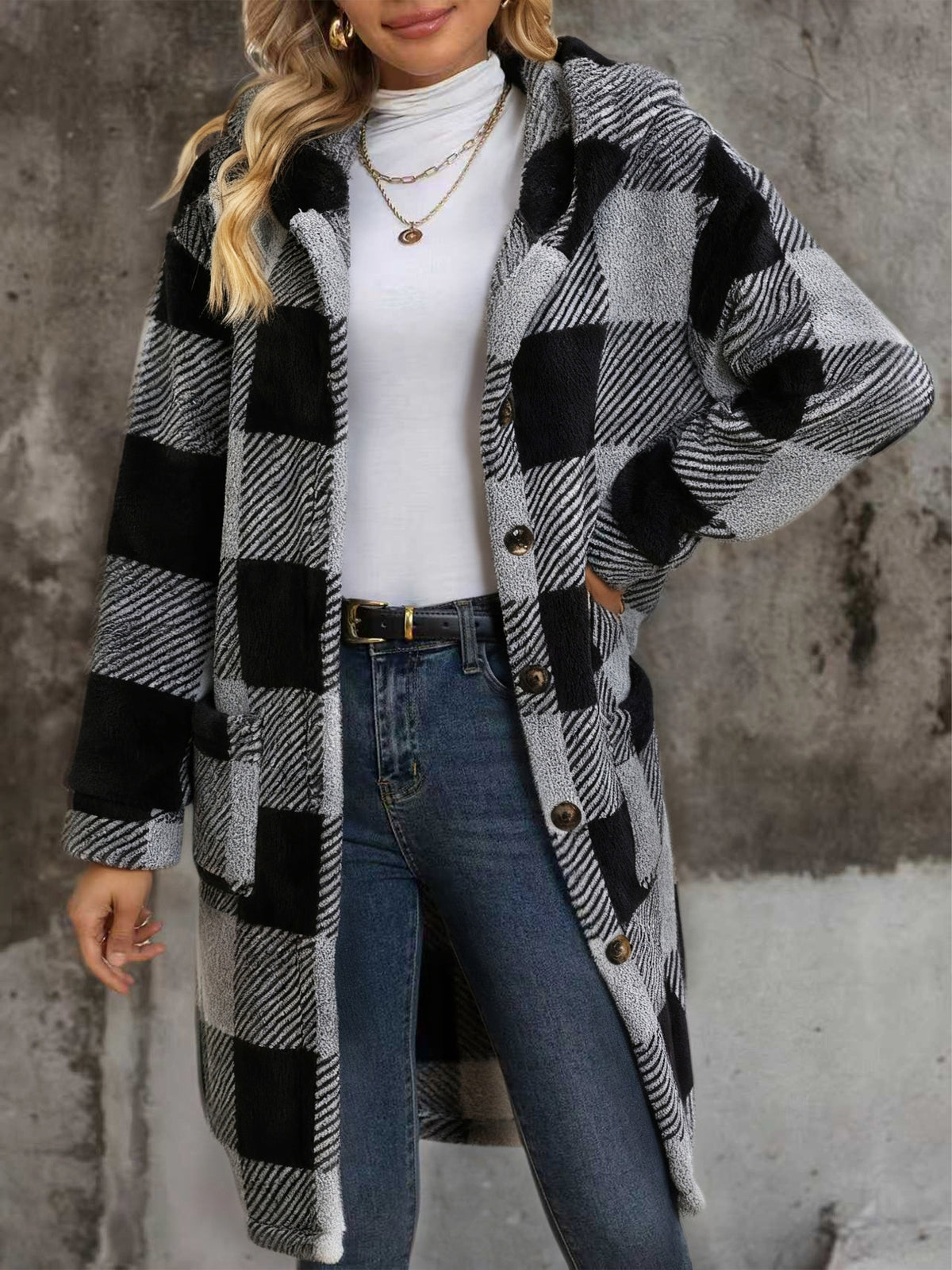 Popular European and American Women's Fashion: New Autumn/Winter Black and White Checkered Double-Sided Plush Hooded Pocket Mid-Length Casual Coat - Dark Gray