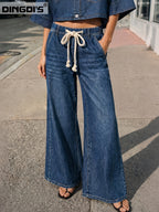 New Women's Wide-Leg Jeans, Drawstring Loose Straight-Leg Denim Pants, Elastic Waistband Washed Denim Fabric Trousers - Deep Blue