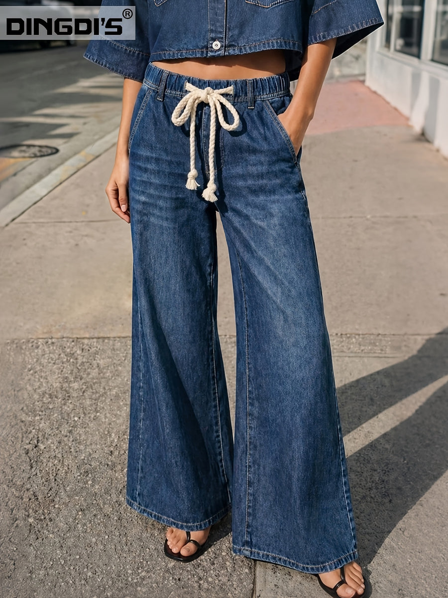 New Women's Wide-Leg Jeans, Drawstring Loose Straight-Leg Denim Pants, Elastic Waistband Washed Denim Fabric Trousers - Deep Blue