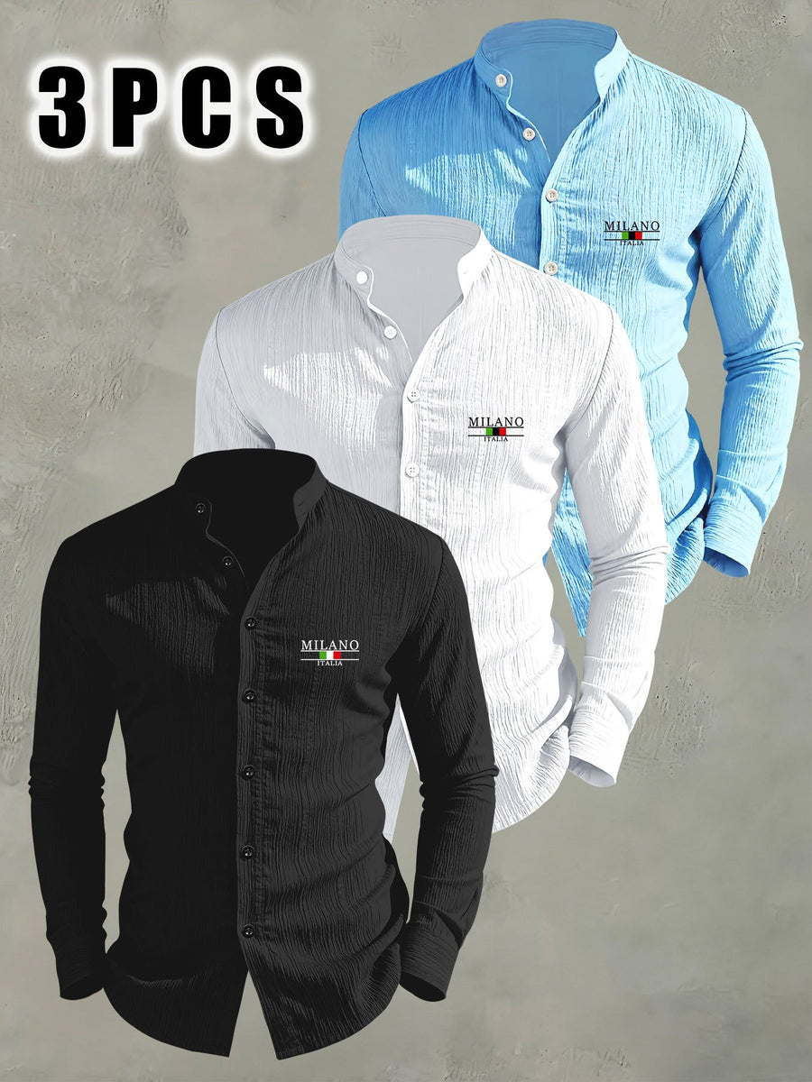 3pcs Men'S Lightweight Breathable Long Sleeve Shirts, Trendy "MILANO" Letter Flag Pattern Print - Fashionable Versatile Stand-Up Collar Comfortable Open Cardigan, Suitable for All Seasons, Beach, Outdoor, Travel Vacation, Party Daily Casual Wear - Black+white+sky blue