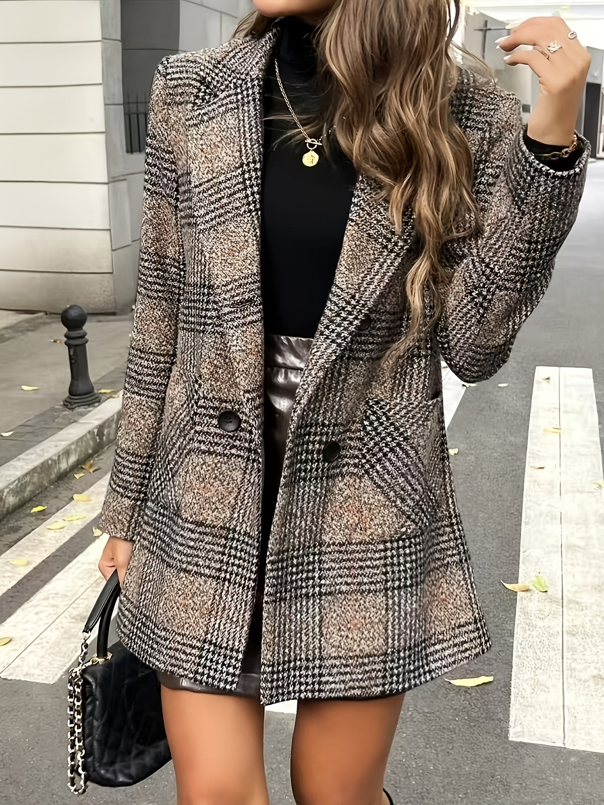 Elegant Women's Temperament, Classic, Fashionable, Versatile, Casual,, Plaid, Suit Lapel, Long Sleeve, Double-Breasted, Pockets, Lining, Shoulder Pads, Cardigan, Women's Clothing, Autumn/Winter, Mid-Length, Coat, Outerwear - Khaki