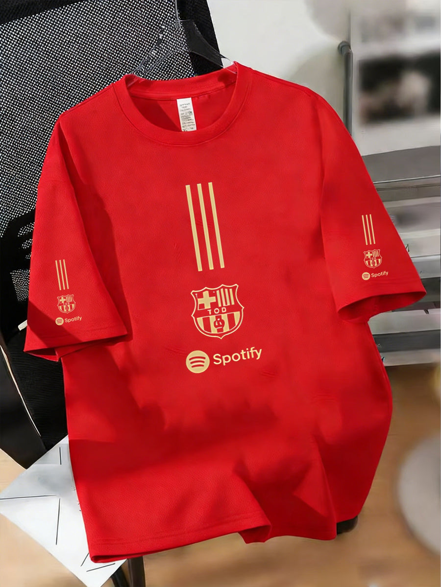 [Triple Print Detail] Front And Double Sleeve Synchronized Print Barcelona Fan Black Golden Striped Contrast Athletic Style Short Sleeve T-Shirt | Badge Line Print Round Neck Top Men'S Loose All-Match Summer Men'S Wear - Red