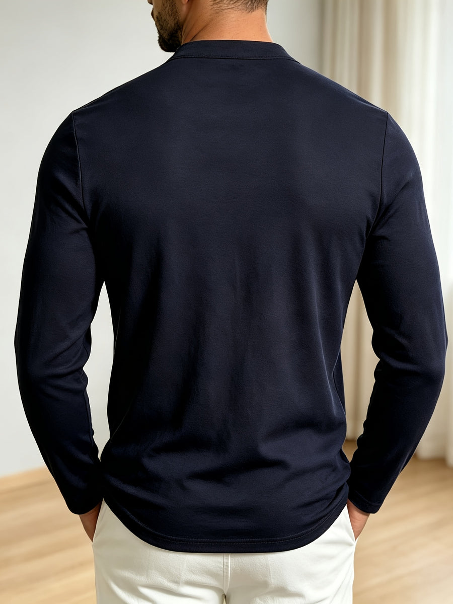 Men Spring Autumn Textured Mandarin Collar Henley 5-button Long Sleeve Top. Slim Soft Breathable Wrinkle-resistant Long Tee for Daily Business Commute & Casual Wear. - Navy Color