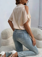 Women'S Chic Stand Collar V-Neck Cold Shoulder Short Sleeve Top - Satin Texture, Ideal for Mother'S Day & Independence Day Commute, Suitable for Spring & Summer Casual & Date Looks, Luxury Style Outfit - Apricot