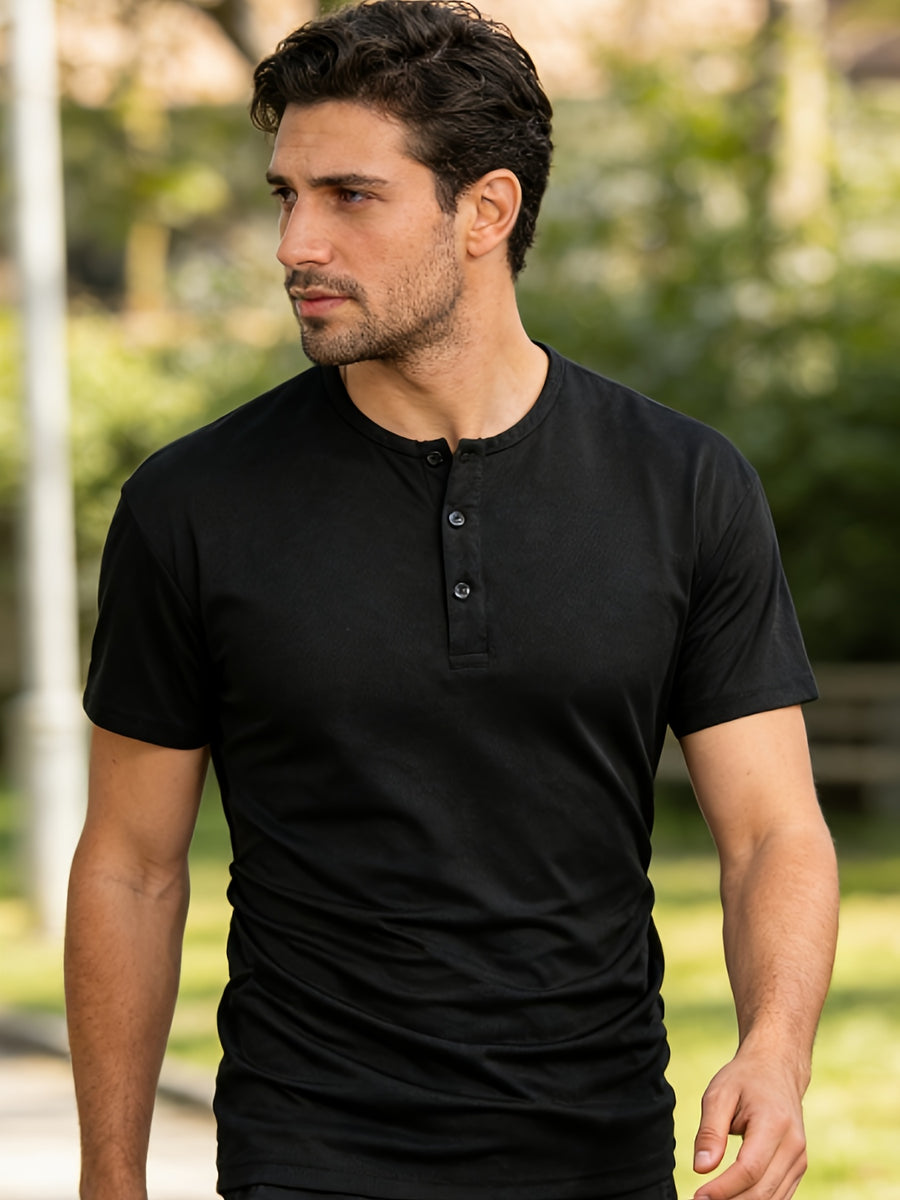 5pcs Men'S Solid Color Casual Short-Sleeved Henley Shirt, Lightweight Buttons, Versatile Work And Sports Outfit, Comfortable Fabric, Muscle-Defining, Daily Life And Fitness Training Wear, New Year'S Gift - Black + Navy Blue + Green + Gray + White