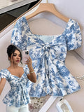 Women'S Elegant Summer Printed Square Neck Bow Puff Sleeve A-Line Waist-Cinching Fashionable Elegant Sweet Top, Random Print - Mixed colors