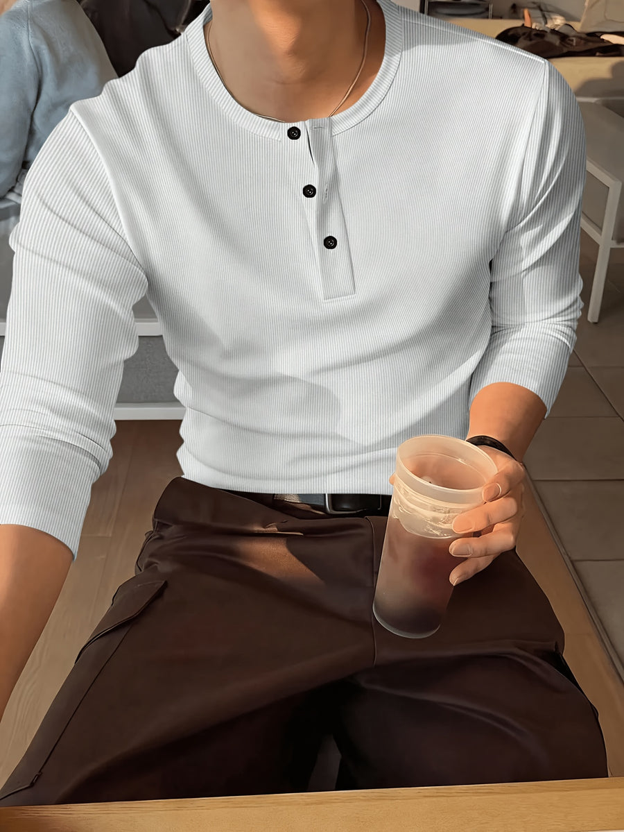 New Men'S Casual Classic Ribbed Texture Henley Collar Lightweight All-Match Long Sleeve Spring Autumn Business Casual Single Button New - White