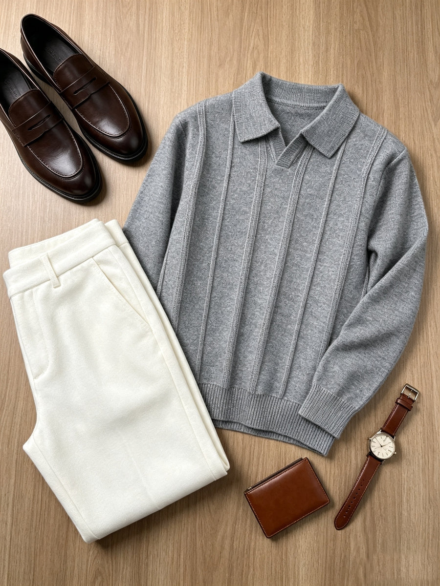 Men's Fall Winter V-Neck Buttonless Collar Knit Polo Sweater, Vertical Ribbed Long Sleeve Pullover with Ribbed Trim, Casual Top - Light Grey