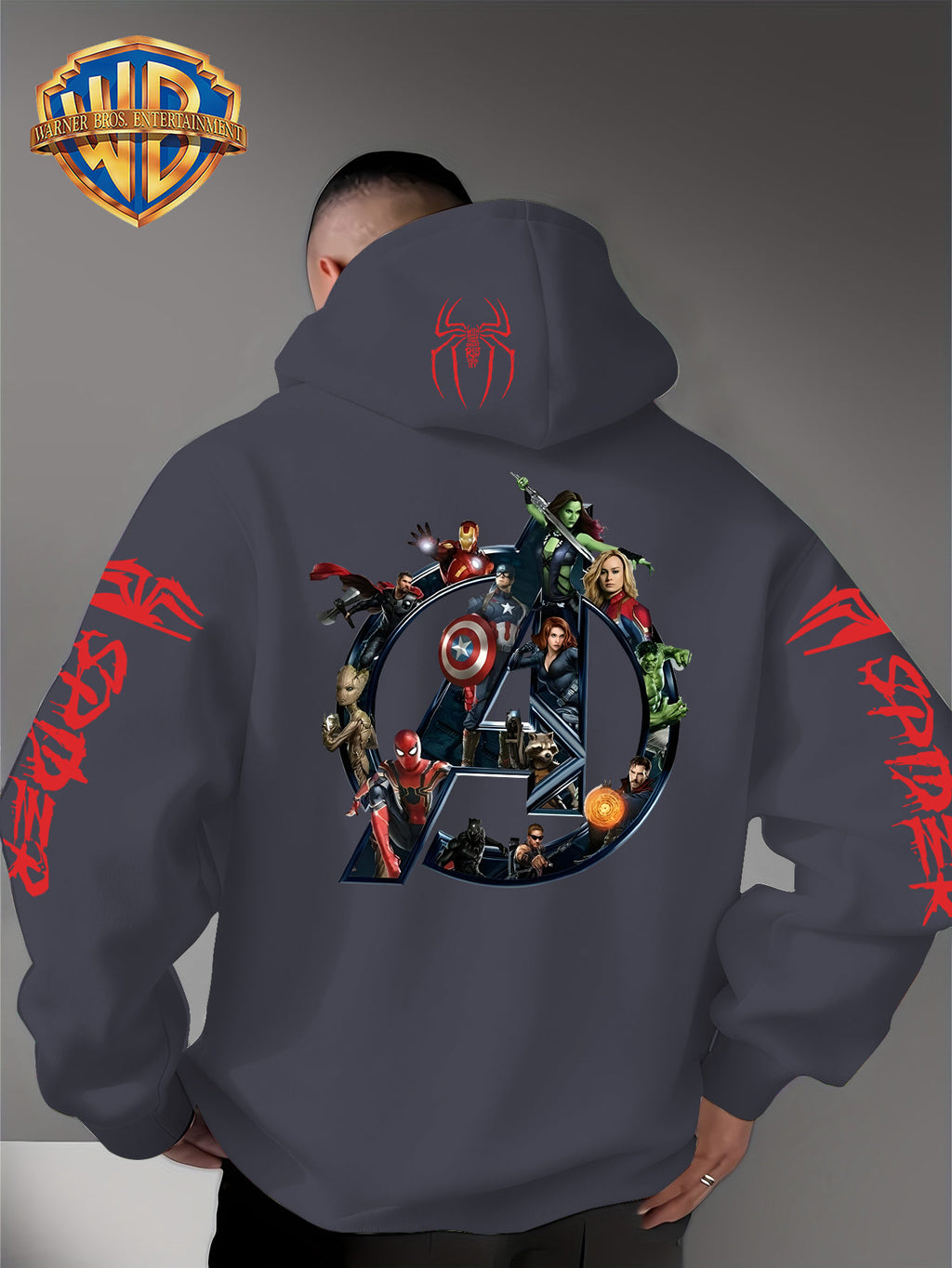 Men'S Trendy Fall Hoodie, American Superhero Collection Print Hooded Sweatshirt, Unisex Loose Street Style Casual Top. Casual Daily Style with Drawstring Design, Long Sleeve Knit Sweater, Machine Washable, Perfect for Casual, Athletic - Dark Gray