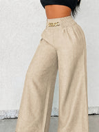 【imitation denim】[Printed Pants - Not Faux Denim Fabric]Women'S Elegant And Fashionable Faux Denim Waist Metal Buckle Elastic Waist Wide-Leg Pants, Solid Color Casual Comfortable Commuting Street Vacation Slightly Loose Straight-Leg Pants - Apricot