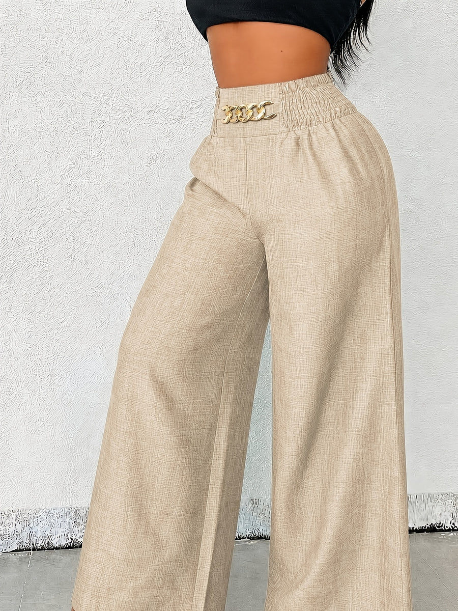 【imitation denim】[Printed Pants - Not Faux Denim Fabric]Women'S Elegant And Fashionable Faux Denim Waist Metal Buckle Elastic Waist Wide-Leg Pants, Solid Color Casual Comfortable Commuting Street Vacation Slightly Loose Straight-Leg Pants - Apricot