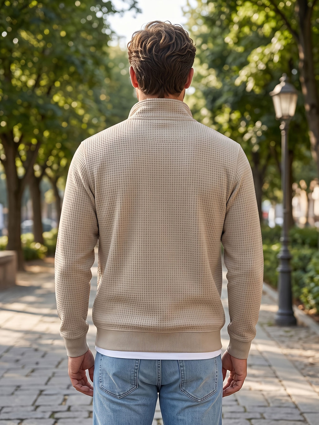 Men's Casual Half-Zip Sweatshirt, Waffle Knit Fabric, Comfortable and Breathable, Versatile for Spring and Autumn, Suitable for Outings and Vacations, an Essential for Daily Wear - Khaki