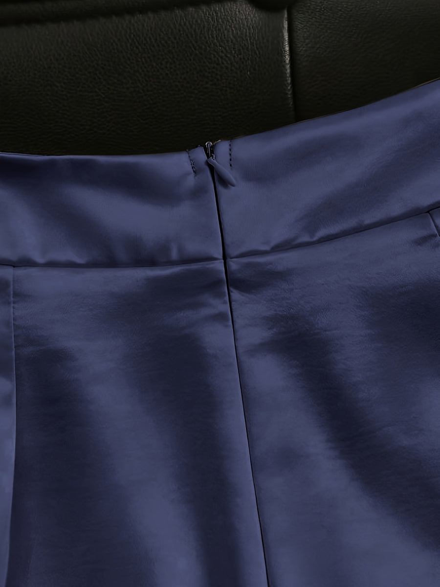 Women'S Fashion Commuter Satin Irregular Lace Bow Zipper Wide-Leg Long Pants - Navy blue color