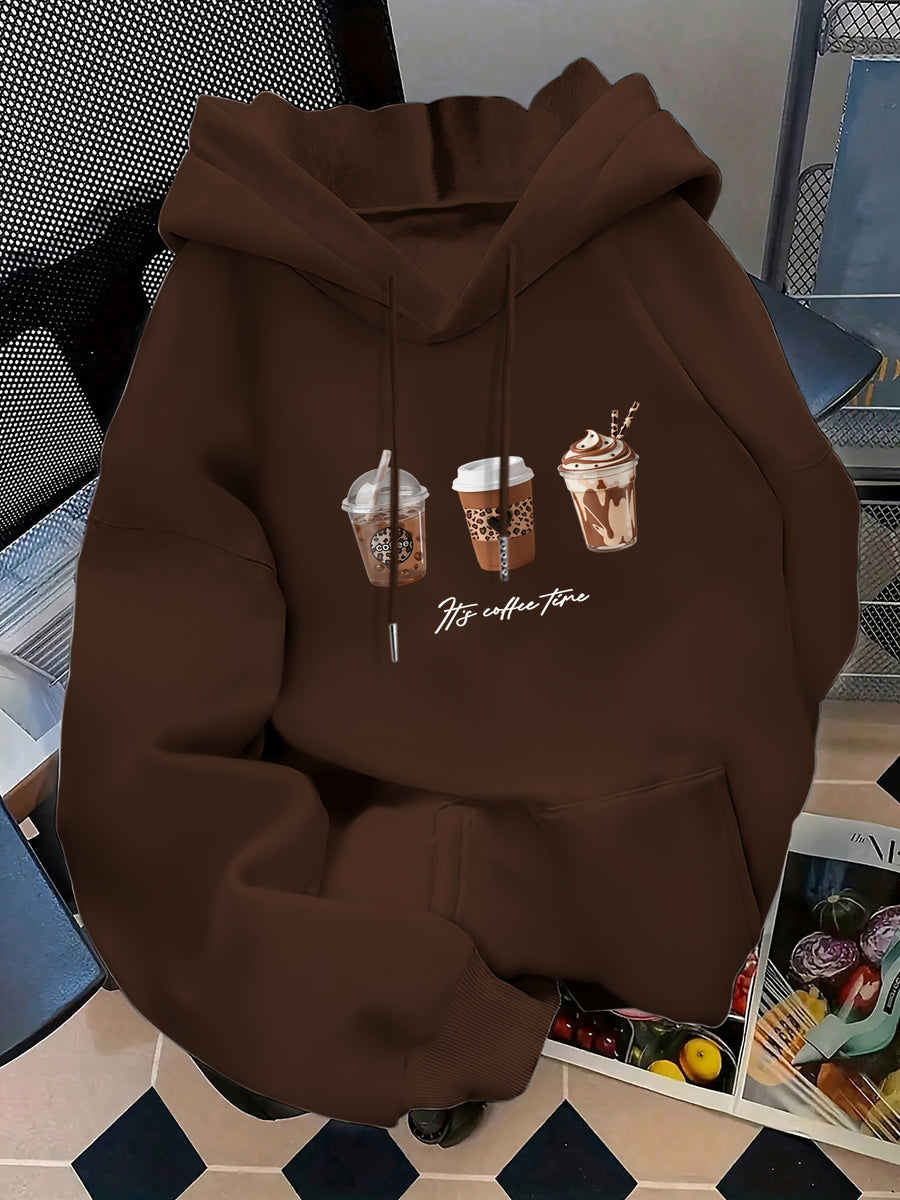 Women's Fashion Hoodie with Three Cups of Coffee H's COFFE TIME Print Kangaroo Pocket Long Sleeve Sweatshirt for Autumn and Winter, Ideal for Daily Casual Wear, Outings, and Parties - Coffee Brown