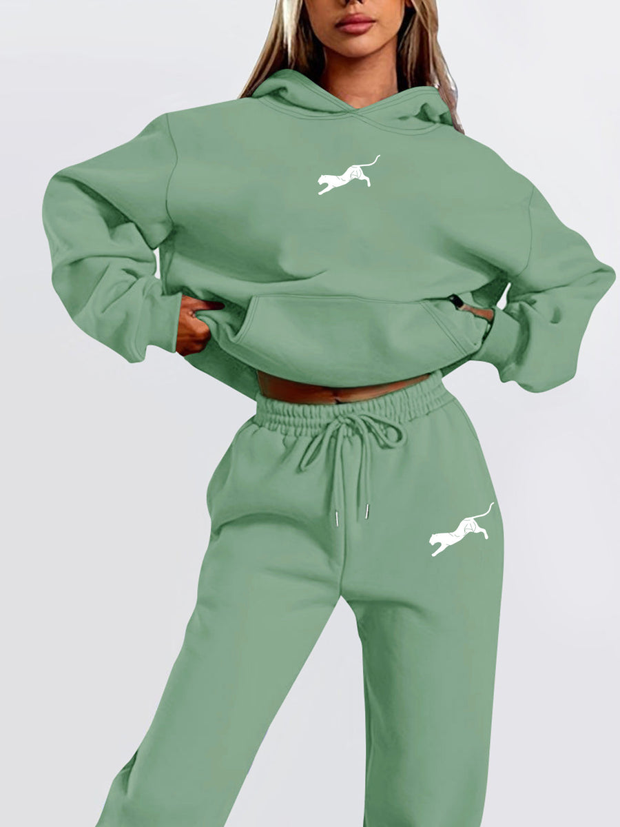 Women's Winter Casual -Lined Thickened Hooded Sweatshirt and Sweatpants Two-Piece Set - Light Green