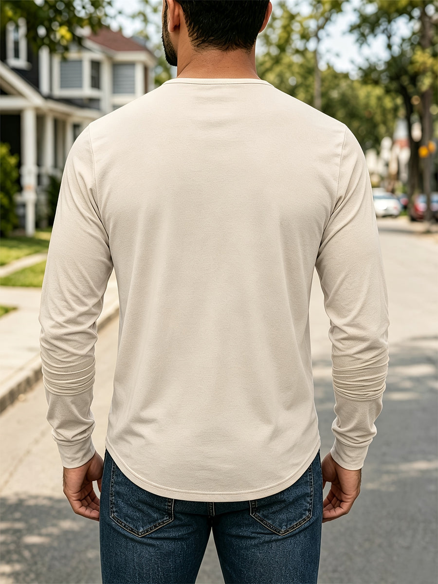 Men's Casual Long-Sleeve Henley T-Shirt 2pcs for Spring, Autumn, and Winter, Breathable and Comfortable Knitted Fabric, Versatile Base Layer, American-Style Casual Versatile Men's Top, Henley Collar + Vintage Buttons, Suitable for Commuting - Green+Khaki