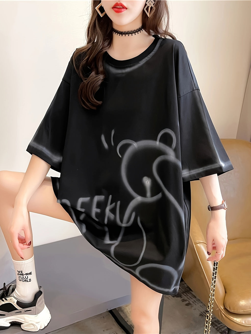 Summer New Large Size Loose Fashion Trend Slim Cartoon Round Neck Print Ladies Women'S Medium And Long Short-Sleeved T-Shirt Clothes - K77-B