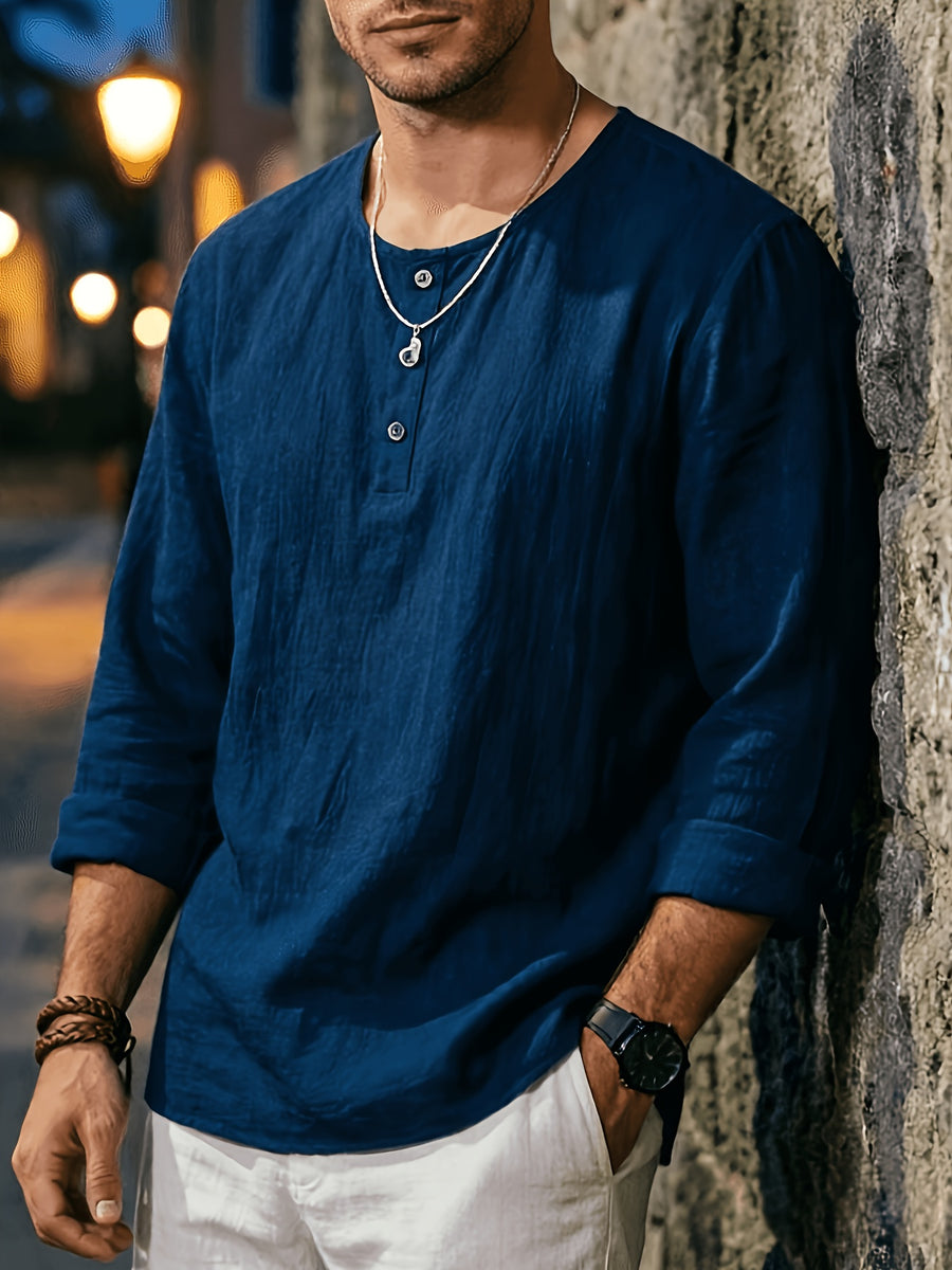 Men's Summer Linen Long Sleeve Shirt, Breathable Round Neck, Loose Fit. Suitable for Daily Casual, Beach Vacation or Yoga Sports, Also a Great Valentine's Day Gift for Him. - Navy Color