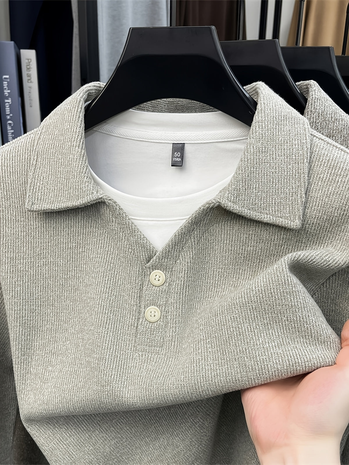 New Autumn/Winter Men's Pullover, Faux 2pcs Long Sleeve Lapel Knit Sweater, Geometric Pattern Men's Button-Up Sweater, Business Casual Fashion Versatile Solid Color Men's Top, Suitable for Daily Outings in Spring and Autumn, Men's Gift, First Choice - Beige Color