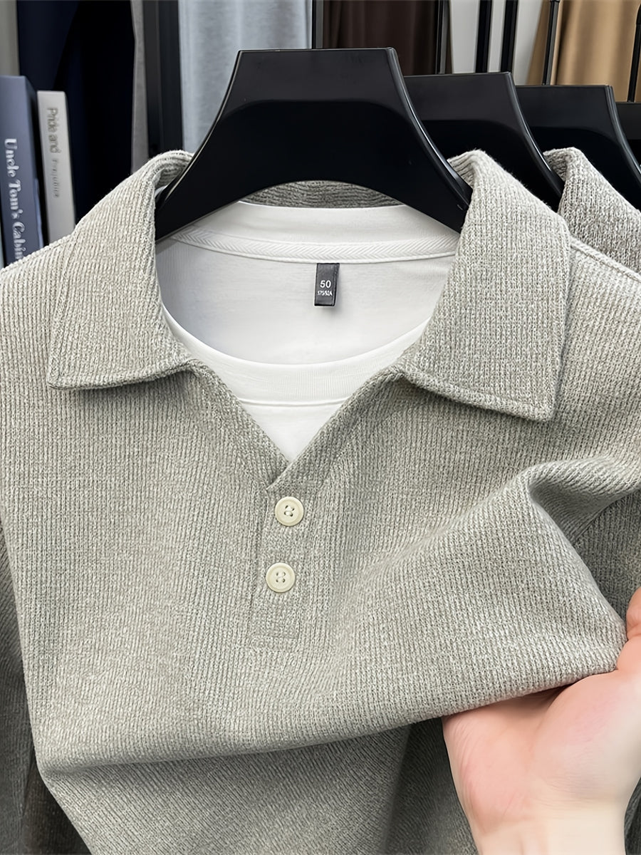 New Autumn/Winter Men's Pullover, Faux 2pcs Long Sleeve Lapel Knit Sweater, Geometric Pattern Men's Button-Up Sweater, Business Casual Fashion Versatile Solid Color Men's Top, Suitable for Daily Outings in Spring and Autumn, Men's Gift, First Choice - Beige Color