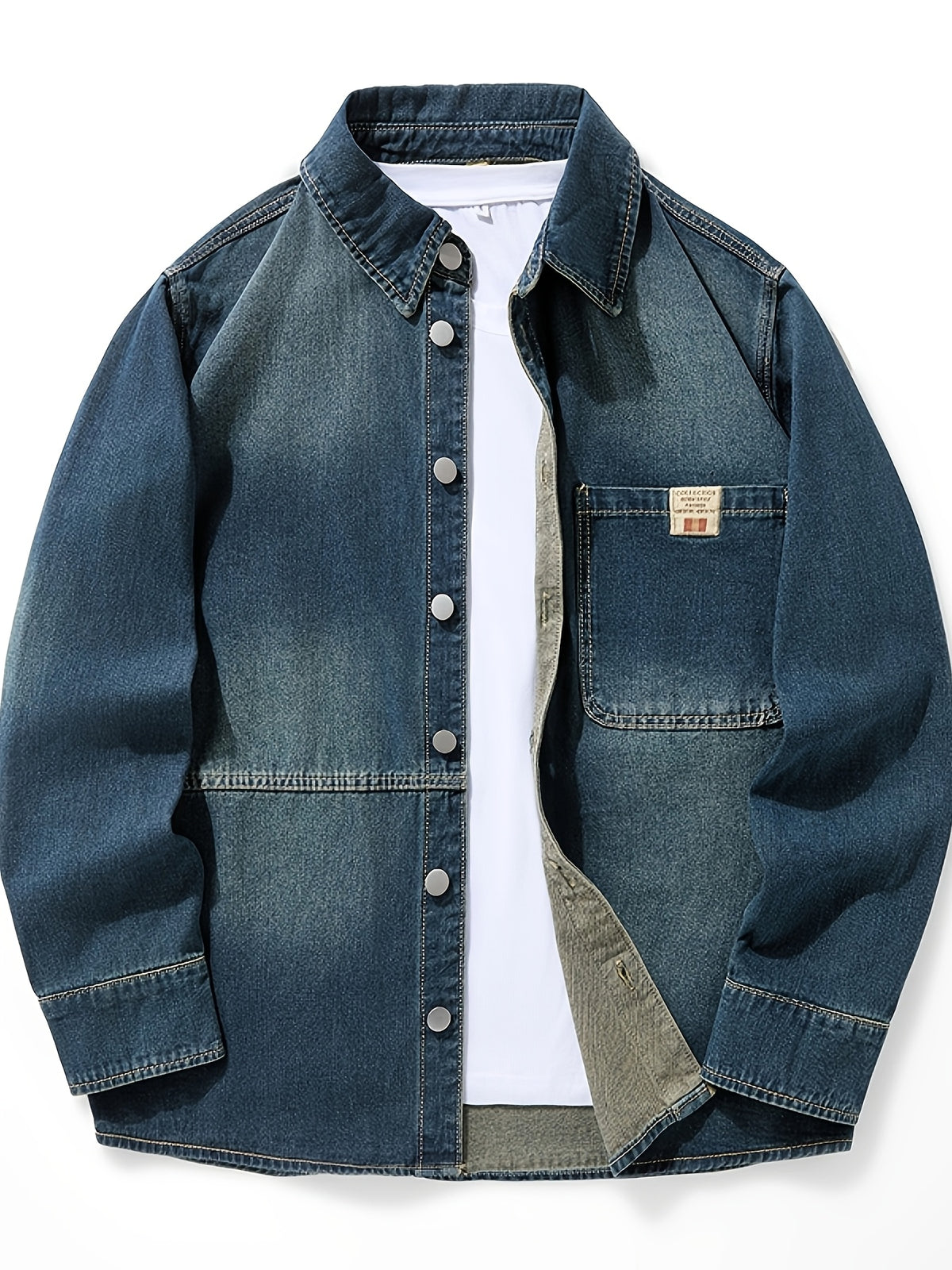American-style Workwear Denim Shirt for Men, Long-sleeve Trendy Outerwear, Loose-fit Plus Size - Nostalgic Blue