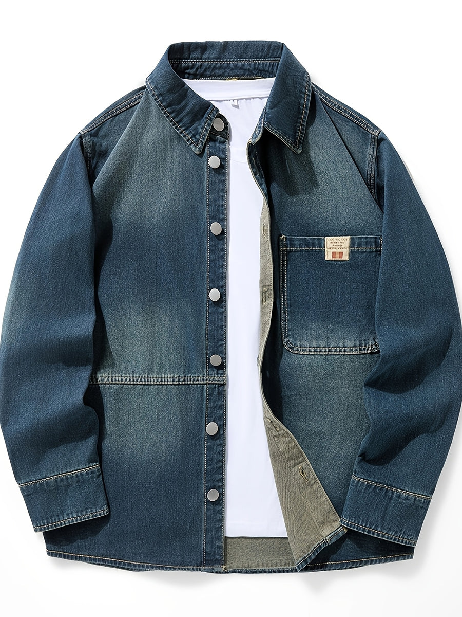 American-style Workwear Denim Shirt for Men, Long-sleeve Trendy Outerwear, Loose-fit Plus Size - Nostalgic Blue