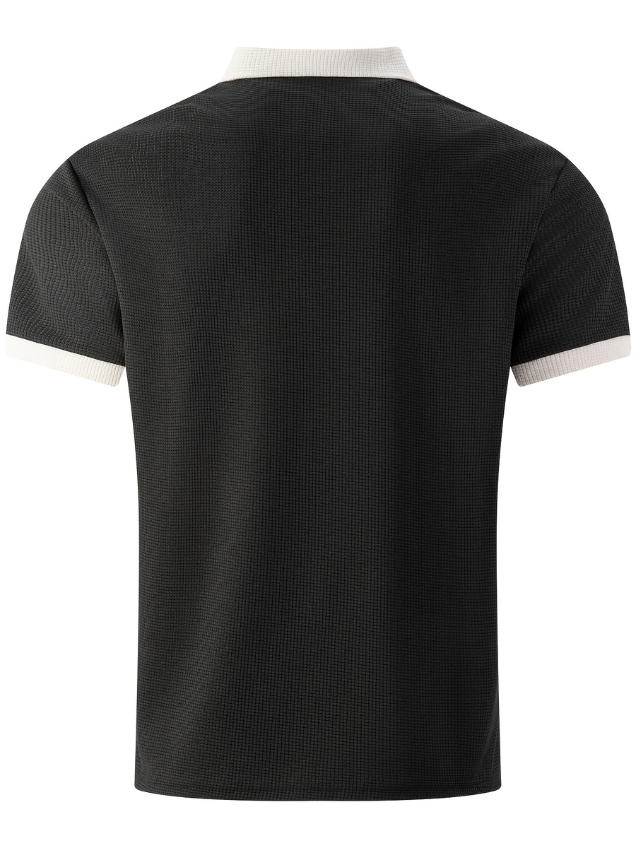 High-quality Men's Design Zippered Short-sleeved Polo Shirt, Contrasting Color Collar Design, Soft Fabric, Comfortable Experience, Versatile and Trendy Style, Suitable for Various Occasions Such as Traveling, Shopping, Casual Walking, Etc. - Black